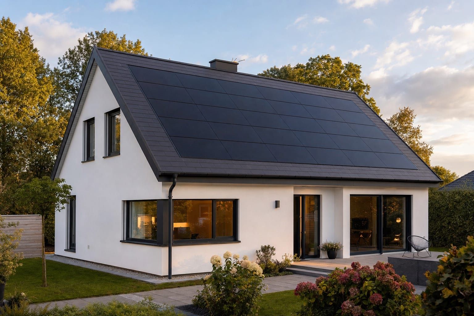 Modernes Einfamilienhaus mit PV-Inndachanlage – Solarmodule integriert in die Dachfläche